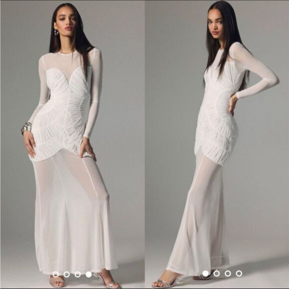 MISHA Collection Anthropologie White Ruched Maxi Dress Sheer Slim Long Sleeve